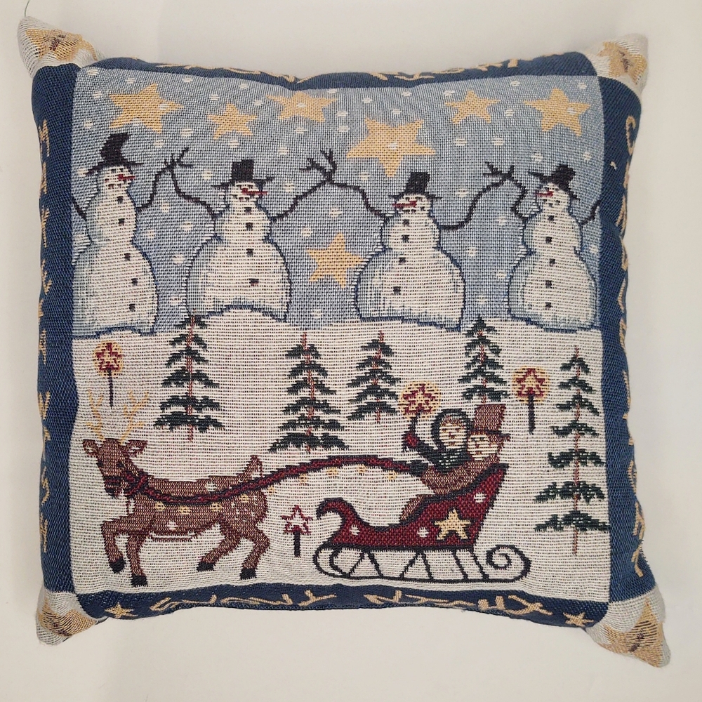 Winter Tapestry Pillow Folk Art Scene 11 X 11